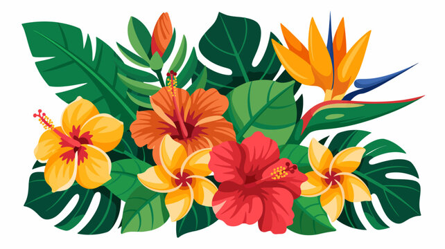 Colorful tropical flowers and leaves illustration with vibrant hibiscus and bird of paradise