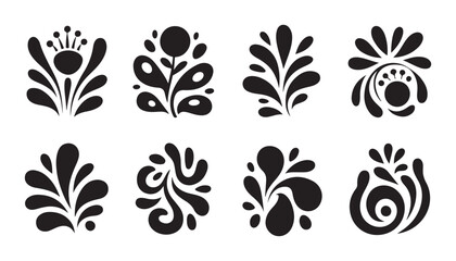 Fototapeta premium Black floral vector elements set with folk art style flower blossoms and leaves for spring designs.