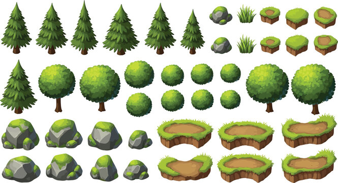 Isometric game assets set with pine trees, deciduous trees, mossy rocks, grass patches and terrain land tiles
