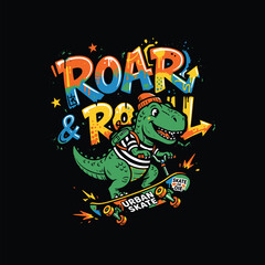 Cool cartoon dinosaur riding a skateboard with colorful graffiti text Design © MdAnisul