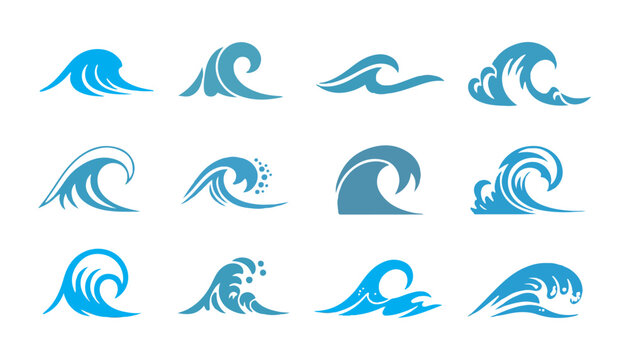 Blue ocean wave silhouettes set with curly surf and water splash shapes for summer vacation designs.