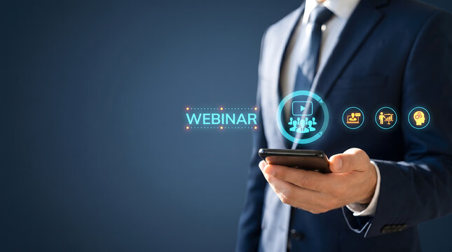 Mobile e-learning and virtual meeting. Female professional using phone for online seminar and digital training in a modern office, Webinar and online education concept. 