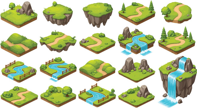 Isometric game tiles set with green grass terrain, floating islands, winding paths, rivers, and waterfalls for design