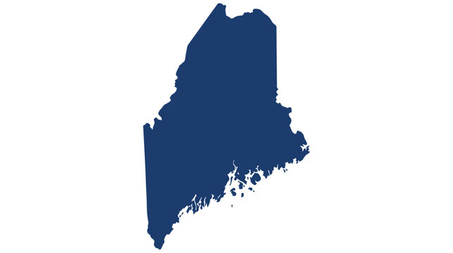 A clean, filled silhouette of the state of Maine with a solid blue color against a white background.