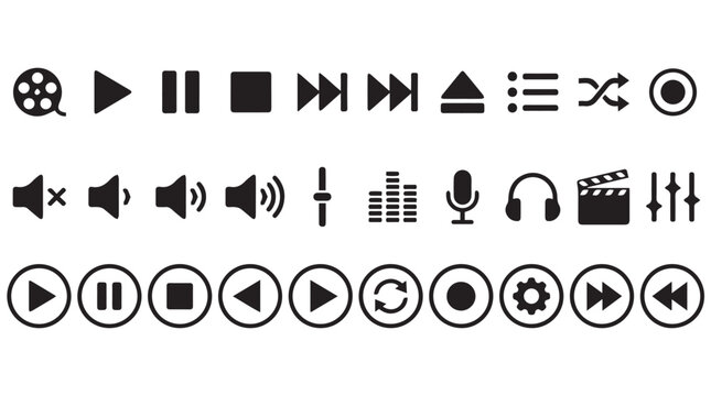 A collection of black and white audio playback and recording control icons displayed in a structured grid layout.