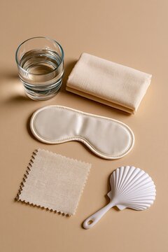 Summer sleep essentials kit with eye mask, cotton sheet, water glass, and handheld fan