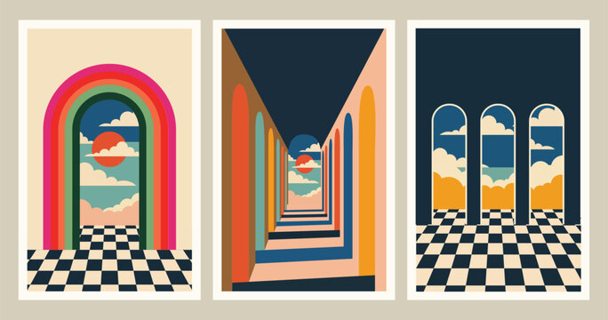 Surreal minimalist art prints triptych with arches checkerboard floor rainbow and dreamy sky landscape retro psychedelic