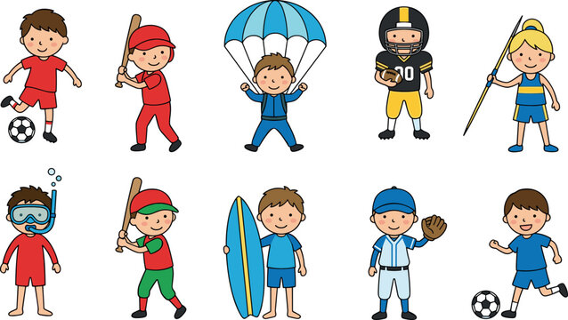 Children Playing Different Sports Activities Cartoon Character Vector Set with Football, Baseball, Surfing, Skydiving, Rugby, and Athletics Illustrations