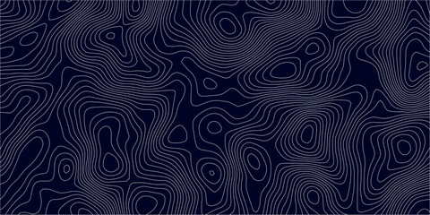Abstract topographic map background in dark blue with white and light gray contour curves creating organic terrain elevation pattern, seamless geographic relief vector texture design. © Hasan