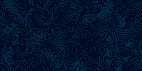 Abstract topographic map background in dark blue with white and light gray contour curves creating organic terrain elevation pattern, seamless geographic relief vector texture design. © Hasan