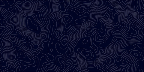 Abstract topographic map background in dark blue with white and light gray contour curves creating organic terrain elevation pattern, seamless geographic relief vector texture design. © Hasan