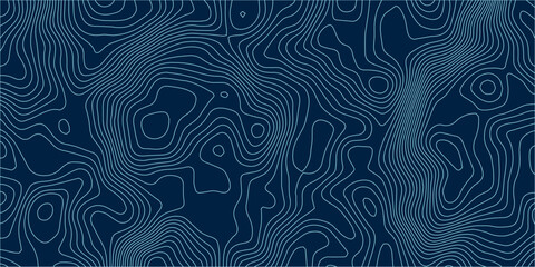 Abstract topographic map background in dark blue with white and light gray contour curves creating organic terrain elevation pattern, seamless geographic relief vector texture design. © Hasan