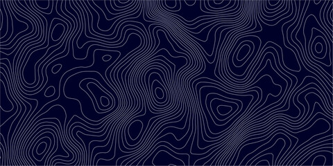 Abstract topographic map background in dark blue with white and light gray contour curves creating organic terrain elevation pattern, seamless geographic relief vector texture design. © Hasan