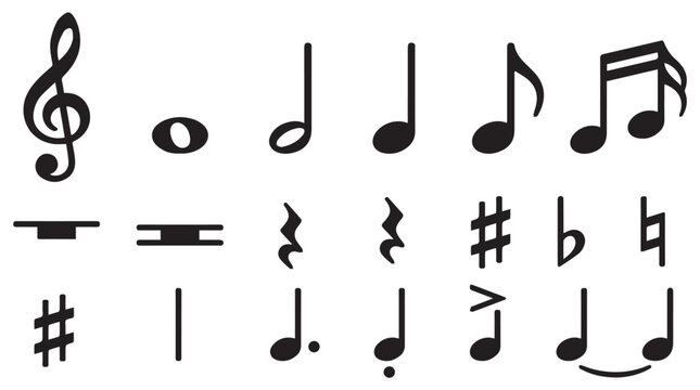 A collection of musical notation symbols including treble clef, notes, rests, and accidentals arranged in a clean, minimalist line art design.