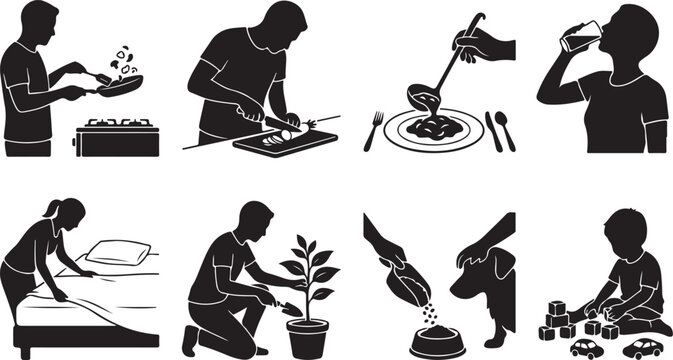 Black silhouette icons, gardening and cooking set, 8 vector graphics, people planting, preparing food