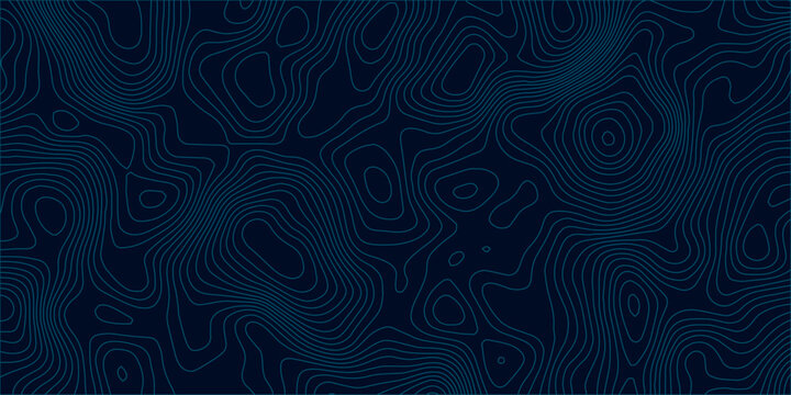 Abstract topographic map background in dark blue with white and light gray contour curves creating organic terrain elevation pattern, seamless geographic relief vector texture design.