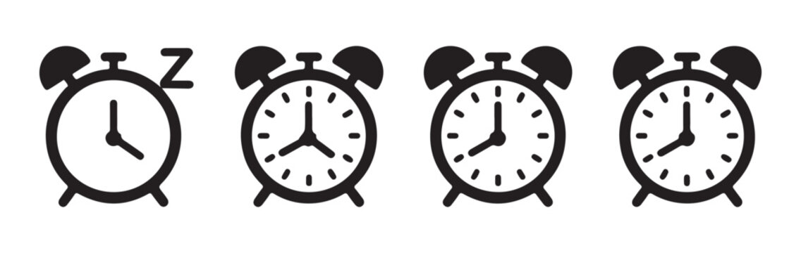 Alarm clocks with sleeping symbol and different times in black for rest and wake up concept.