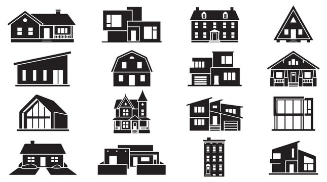 Black and white illustrations of different house styles and building designs.