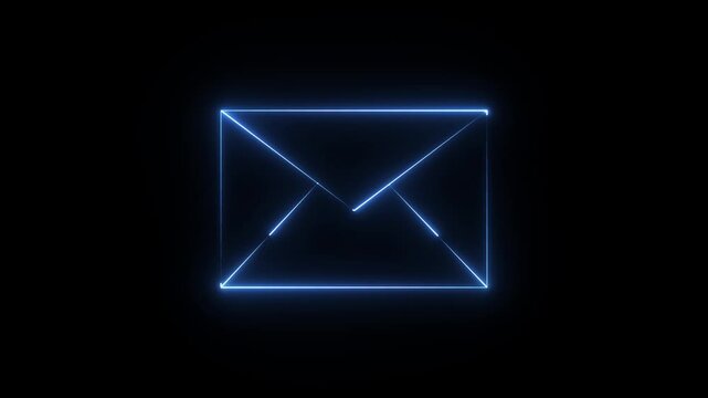 Blue color neon mail envelope icon isolated on black background. 4k neon animation videos