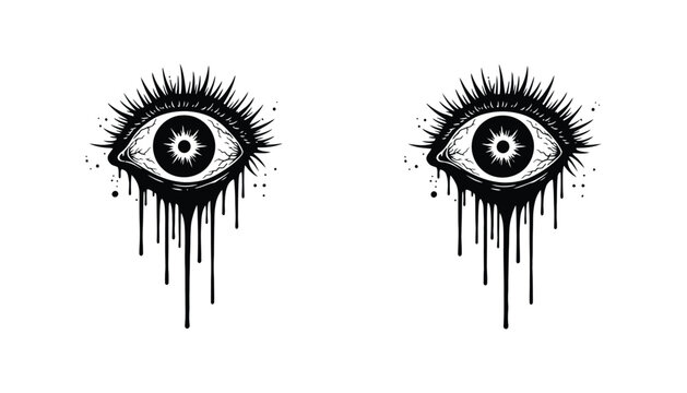 Human eye with dripping ink effect vector illustration featuring detailed iris and long lashes in black and white styles