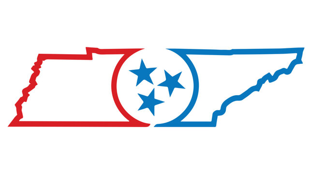 Minimalist graphic of the Tennessee state shape outlined in red and blue with a central three star emblem in white and blue.
