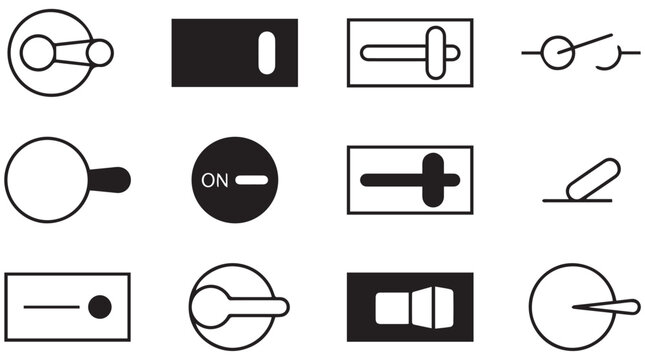 Collection of twelve minimalist toggle, button, and switch icons displayed in black and white.