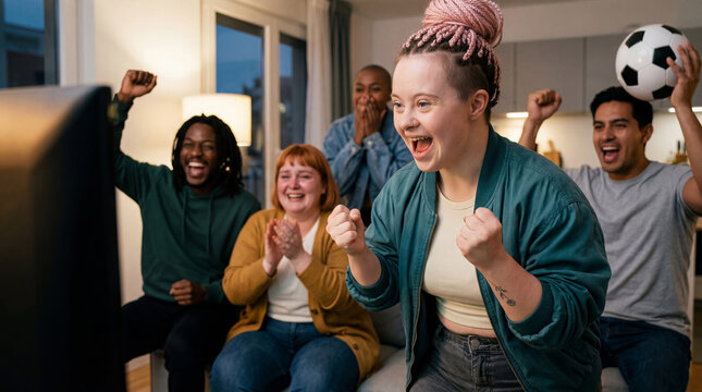 Young woman with down syndrome watching soccer match on TV and cheering for a goal with diverse group of friends at home