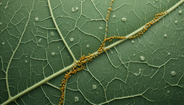 Macro Texture of Green Leaf Veins with Yellow Fungal Spores