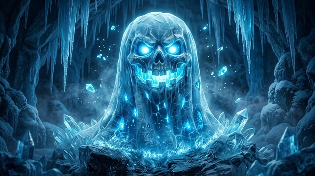 Ethereal ice creature with glowing eyes emerges from a frozen cavern, surrounded by crystals.