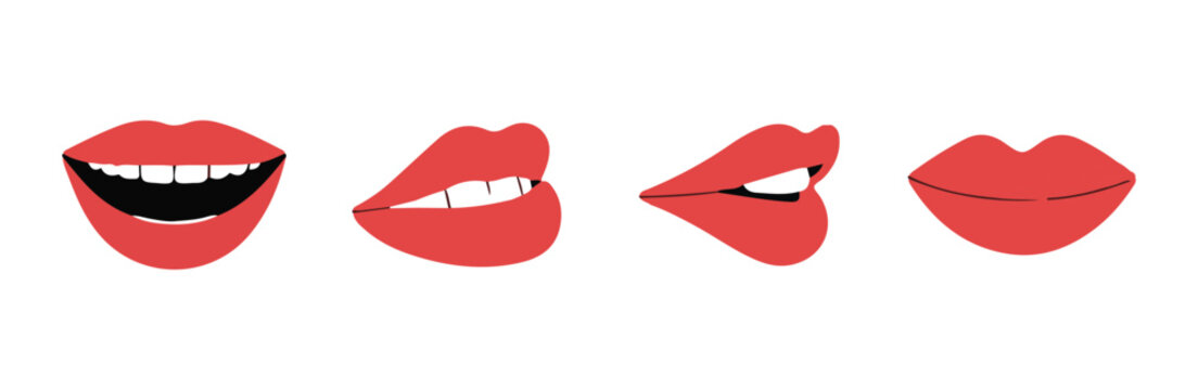 Illustrated red lips icons depicting various facial movements.