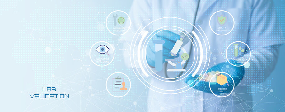 Modern laboratory professional conducting advanced lab validation processes with digital technology integration and quality assurance icons