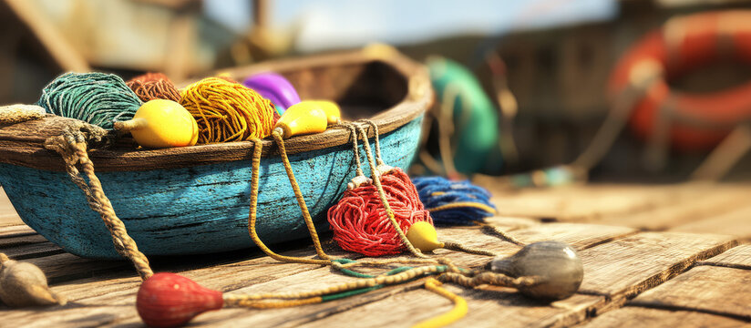 Vibrant fishing net and colorful ropes in a boat on a dock