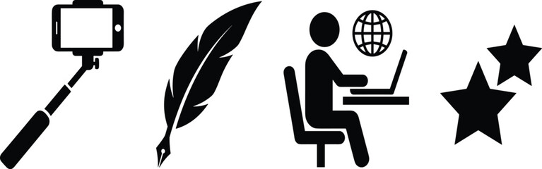 Obraz premium Digital, content, creation, set, with, selfie, stick, quill, pen, feather, blogger, working, on, laptop, global, internet, icons, stars, rating, elements.
