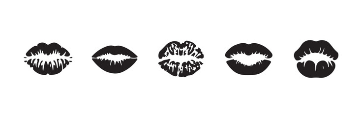 Obraz premium Five different black lipstick kiss marks on white background set.