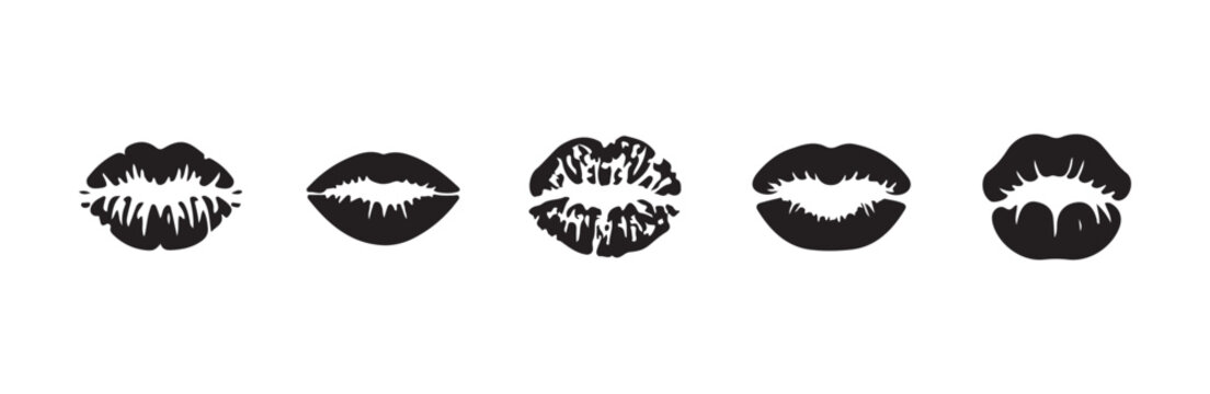 Five different black lipstick kiss marks on white background set.