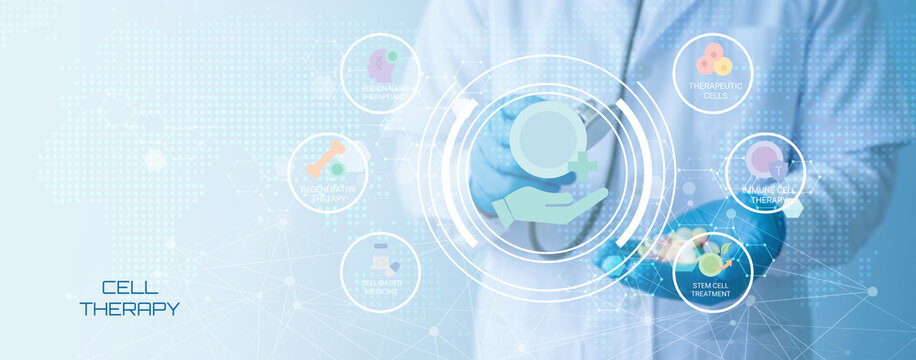 Modern Medical Illustration Showing Cell Therapy Concepts with Digital Health Icons and Professional Gloved Hands