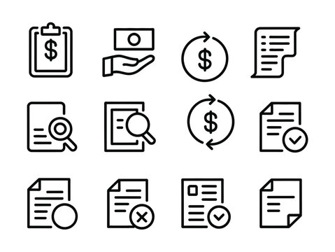 Business financial and document processing icons with dollar signs and checks
