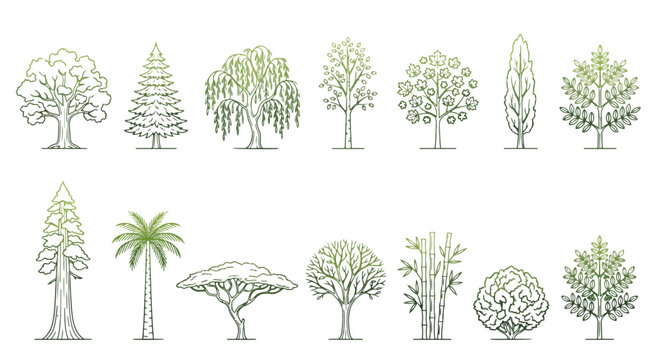 2D CAD Gradient Green Tree Icons Thin Line Art Architectural Blocks Set