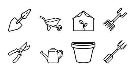 Gardening tools outline icons set agriculture farm equipment plant care shovel wheelbarrow greenhouse watering can & more vector illustration with editable stroke. © Purnorup Dream IT 