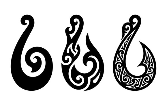 Set of New Zealand Maori fish hook symbols, tribal tattoo vector illustration isolated on white background. 