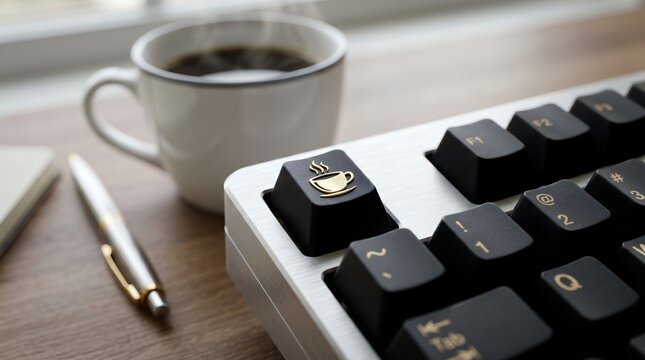Closeup of a mechanical keyboard with a custom coffee cup keycap and a steaming mug of coffee on a wooden desk