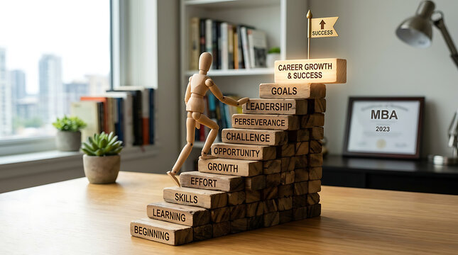 Wooden figure climbing stacked educational blocks on wooden desk with books and plant
