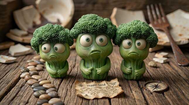 Three worried broccoli characters look down with sad expressions on a rustic wooden table