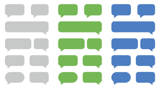 Three sets of speech bubbles in gray, green, and blue arranged in a clean grid pattern on a white background.