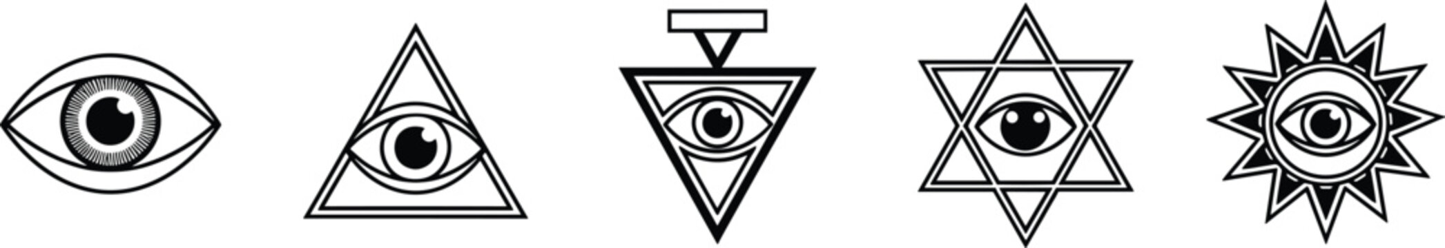 All seeing eye symbol collection, occult triangle emblem set with sacred geometry, mystical esoteric protection icons isolated on white background, vector illustration