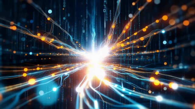 Abstract visualization of digital data flow and neural network connections with glowing blue and orange light streams, nodes, and binary code converging to a bright focal point
