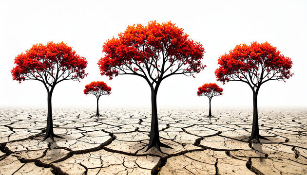 Red Leafed Trees Flourish on Dry Cracked Earth Under White Sky. trees, red leaves
