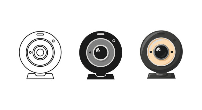 Three different styles of webcams are depicted in this vector graphic: a line art sketch, a flat design icon, and a more detailed illustration.