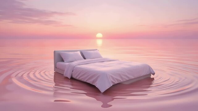 Minimal white bed with pillows and duvet floating serenely on a pink ocean at sunrise/sunset, soft pastel sky and gentle ripples creating a surreal, dreamlike seascape