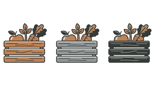 Minimalist icons of fruit and vegetables in wooden crates